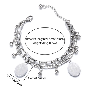 Detailed view of silver Virgin Mary double layer chain bracelet with dimensions and weight
