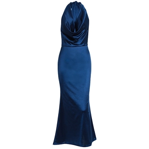 Detailed view of dark blue satin halter cowl neck evening dress with draped neckline texture