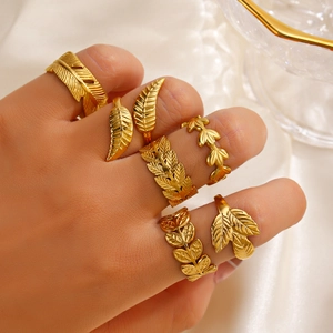 Leaf Opening Ring 18K Gold Plated Stainless Steel Adjustable Retro Feather Jewelry For Women