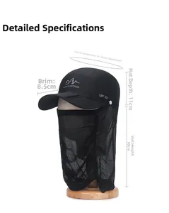 UPF 50+ outdoor sun hat with detachable neck flap and mesh mask for 360 sun protection
