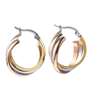 Polished stainless steel interlocking triple hoop earrings in gold silver and rose gold