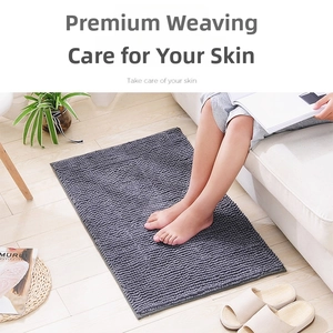 Macro detail of soft grey chenille bath mat with dense absorbent texture for bathroom floors