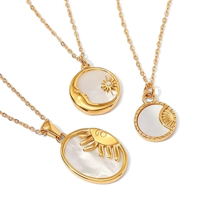 Colliers en acier inoxydable plaqué or 18K avec pendentifs soleil lune et nacre blanche