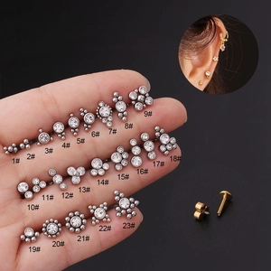 23 modèles de piercings 16G en acier inoxydable avec cristaux pour lèvres et cartilage