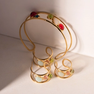 French vintage 18K gold plated stainless steel bracelet and earrings set with colorful gems