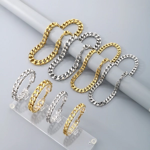 Men Cuban Link Chain Necklace And Bracelet Stainless Steel Polished Hip Hop Punk Style Trendy Jewelry Accessory