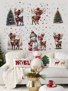 Détail de stickers muraux de Noël avec renne dessin animé bonhomme de neige et sapins