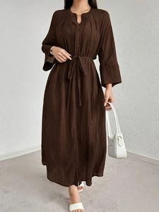 Elegant Pleated Maxi Dress Long Sleeve V Neck Stand Collar Button Down Crinkle Texture High Waist A Line Commuter Casual
