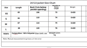Size guide for women's jacket set showing measurements for XS, S, M, L in centimeters
