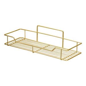 Wall-mounted golden metal bathroom storage rack with drainage grid and safety guardrails