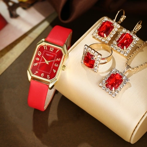 Elegant red leather square quartz watch and matching red gemstone jewelry set for women