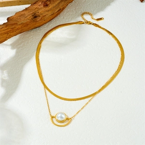 Double layer gold plated stainless steel necklace with faux pearl pendant and snake chain