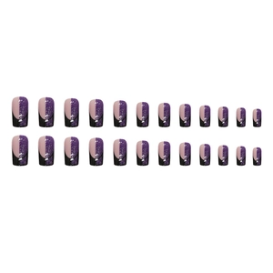 French square press-on nails set with black and purple glitter contrast design
