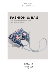 Detailed view of frayed denim crossbody bag featuring pink star patches and silver hardware