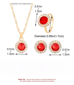 Detailed size specifications for red rhinestone jewelry set featuring gold alloy finish