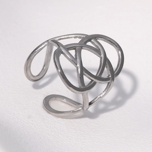 Adjustable stainless steel ring with minimalist irregular interwoven lines in silver
