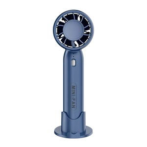Portable navy blue handheld mini fan with desktop base and rechargeable USB battery