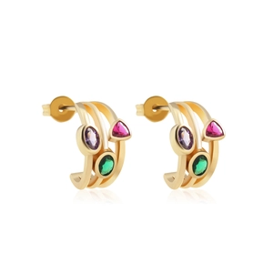 Three-layer 18k gold plated earrings with geometric colorful cubic zirconia stones
