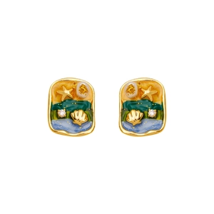French vintage starfish pearl earrings with colorful enamel and golden shells