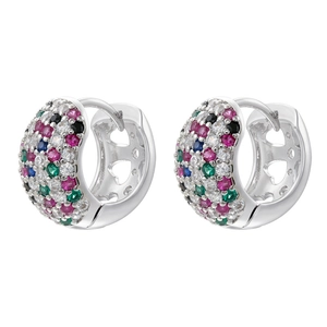 Detail of silver U-shaped hoop earrings with colorful zircon and heart hollow design