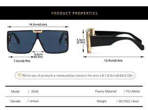 Detailed size chart for square sunglasses with PC frame and metal hinges measurement