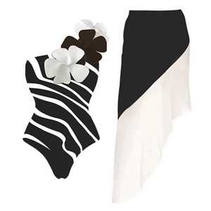 One Piece Swimsuit Zebra Striped One Shoulder 3D Floral Decoration Beachwear Bathing Suit Elegant Monokini For Women