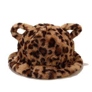 Cute leopard print plush bucket hat with devil ears for women winter warmth