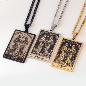 Three square Gemini tarot necklaces in gold, silver and black stainless steel colors