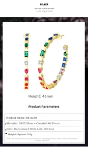 Macro view of S925 silver 46mm hoop earrings with multi-color zircon stones