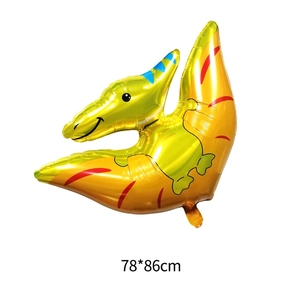 Detailed view of a yellow pterosaur foil balloon for forest themed parties, 78x86cm size