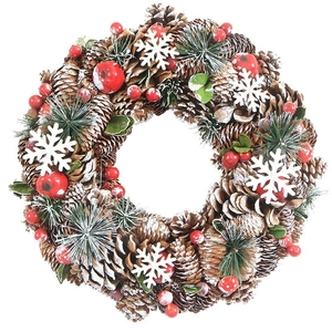 Christmas wreath with natural pine cones, red berries, and white snowflakes on white background