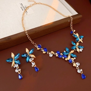 Vintage Floral Jewelry Necklace And Earrings Alloy Blue Rhinestone Teardrop Silver Earring Post Women Luxury Party Style