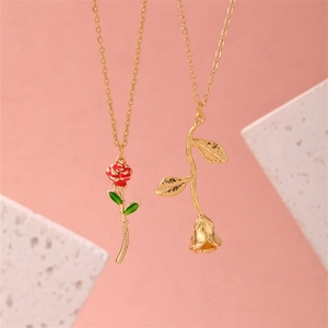 Gold Plated Enamel Rose Flower Pendant Necklace Stainless Steel Vintage Floral Clavicle Chain Jewelry For Women