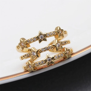 Three-layer gold star ring with micro-paxed cubic zirconia and adjustable opening design