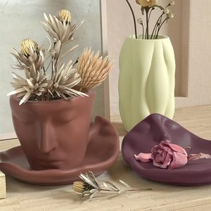 Artistic abstract face sculpture flower pot with wavy tray for DIY home decor
