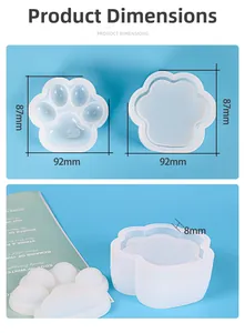 Detailed size specifications for cat paw silicone resin molds showing product dimensions