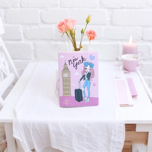 Pink PU leather travel passport cover with cute New York illustration and elastic band