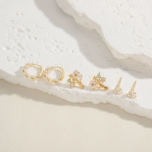 Three-pair gold titanium steel earring set with ABS pearls and zircon on stone