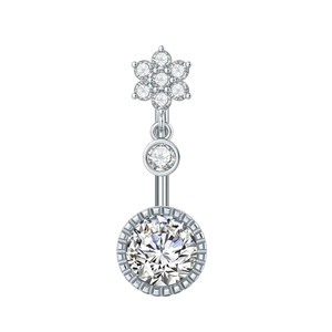 Silver belly button ring featuring clear zircon flower design and round centerpiece