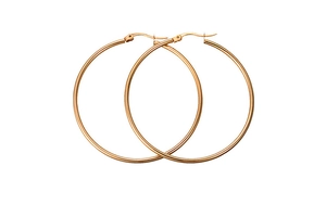 Detailed view of large rose gold hoop earrings with polished finish and latch closure