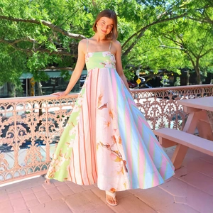 Women's floral patchwork maxi dress with spaghetti straps and a flowing high-waist design
