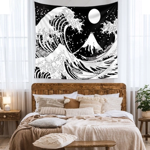 Minimalist Japanese Great Wave wall tapestry with Mount Fuji for bedroom decor