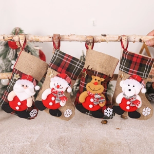 Christmas Stockings Burlap Plaid Cartoon Santa Snowman Reindeer Bear Hanging Gift Candy Bags Rustic Holiday Decor