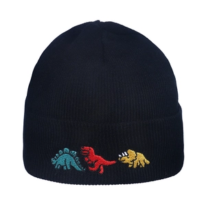 Close-up of three colorful dinosaur embroidery details on a black knitted beanie cap