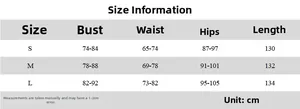 Size guide for V-neck lace maxi dress showing bust, waist and hip measurements in cm