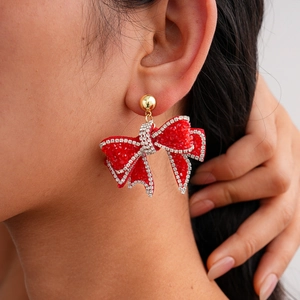 Oversized Bowknot Earrings Alloy Resin Rhinestone Decor With Silver Earring Post Sparkly Cute Elegant Jewelry For Women