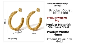 Detail view of 30mm 18k gold plated stainless steel twisted hoop earrings with weights