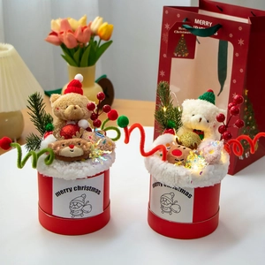 Christmas plush bear gift box with LED lights and elk decor in a festive red bucket