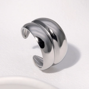 Minimalist wide silver stainless steel open ring with a polished high-gloss finish