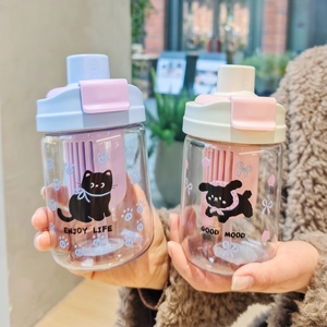 Close-up of cute cartoon plastic water bottles with tea filter and dual-drinking straws